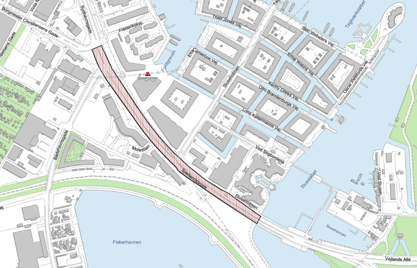 Kortoversigt over asfaltarbejde ved Slusen (Kilde Københavns Kommune) 